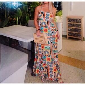 PAPER HEART Anthropologie Vacation Resort Tropical Print Maxi Dress S